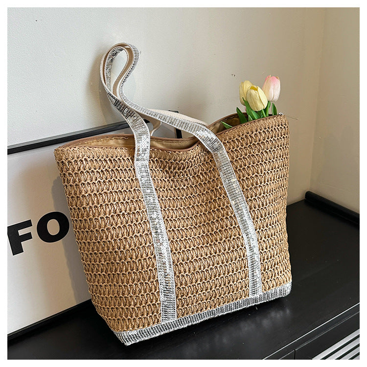 Sequins Custom Woven Bag Women's Straw Shoulder Bag Large Rattan Woven Totes Summer Travel Beach Handbag Handmade Top Handle Purse