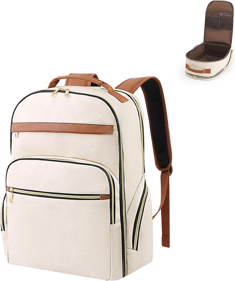 seyfocnia Travel Backpack for Women, 40L Carry On Backpack Airline Approved, 17.3 Inch Computer Laptop Bag Large Waterproof Personal Item Bag with USB Charging Port Work Backpacks (White Brown)