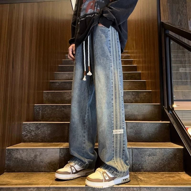Teenage boys' trendy stretch waist jeans for men, spring-autumn style, loose straight wide-leg high street American-style trousers