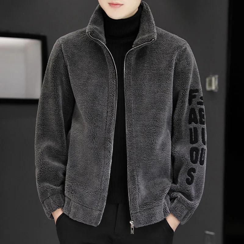 Men's Coats: Warm Sheepskin Embroidered Sweater One-Piece Men's Outfit with Insulation and Thickening for Autumn and Winter Trend