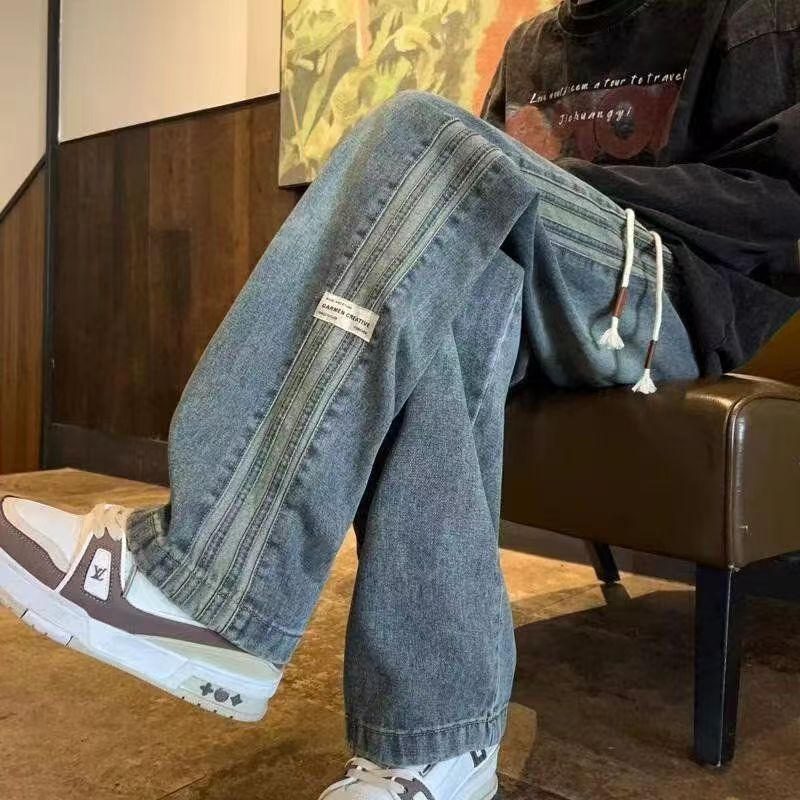 Teenage boys' trendy stretch waist jeans for men, spring-autumn style, loose straight wide-leg high street American-style trousers