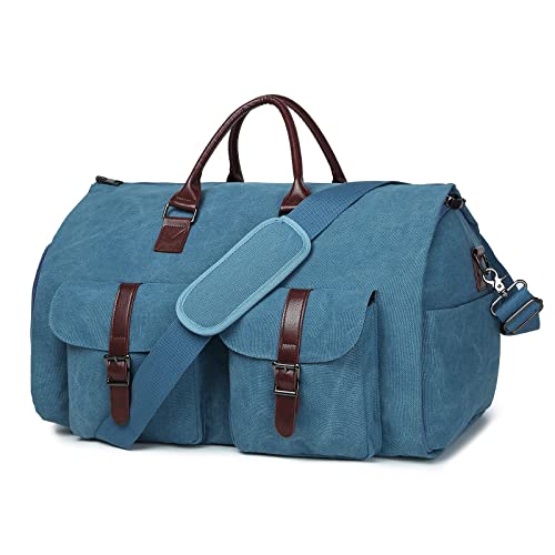 Carry On Garment Bag, Mens Garment Bag for Travel Business, Large Canvas Duffel Bag with Shoe Compartment -Blue