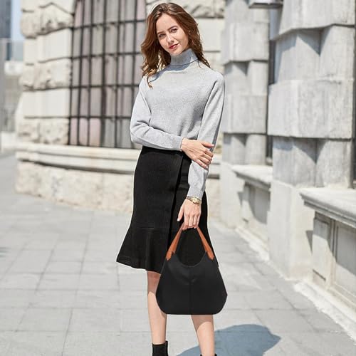 Women's Multi-pocket Shoulder Bag, Fashion Tote Purse Nylon Shoulder Tote Bag Lightweight Weekend Handbag for Women, Black
