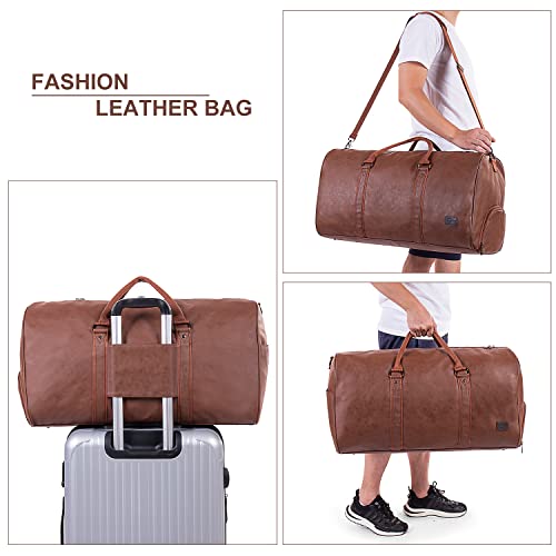 Seyfocnia Leather Travel Bag with Shoe Pouch, Large Carry on Bag Gym Duffel Bag,Waterproof Weekender Bag for Women Overnight Bag for Men-Brown