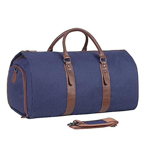 Seyfocnia Carry On Garment Bag, Mens Garment Bag for Travel Business, Large Canvas Duffel Bag with Shoe Compartment -Blue
