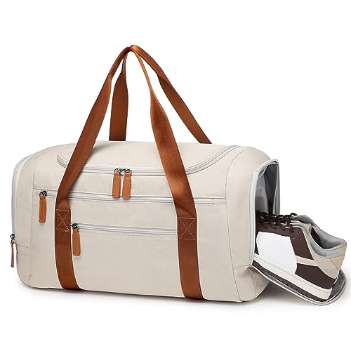 Travel Duffle Bags for Women 40L Medium Sports Gym Bag with Shoes Compartment Lightweight Weekender Overnight Duffel Bags for Traveling Carry on Duffel Bag for Women Beige