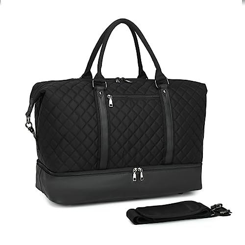 Travel Duffle Bag with Shoe Compartment, Weekender Bag Carry on Overnight Bag for Women Gym Bag Sport Bag Hospital Bags for Labor and Delivery - Black