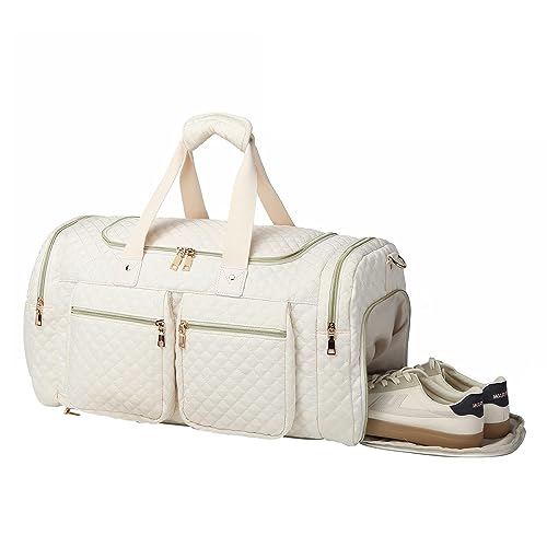 Duffel Bag with Shoe Pouch, Travel Bag Carry On Duffle Bag Weekender Bag for Women Overnight Bags Gym Bag for Women Beige