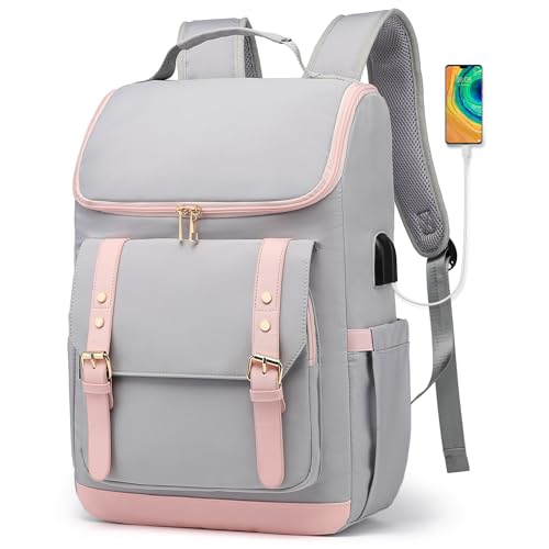seyfocnia Backpack with Laptop Compartment, Work Backpack for Women 17 inch Laptop Backpack for Women Computer Backpacks With USB Charging Port College Nursing Bag Anti Theft Backpack,Grey Pink