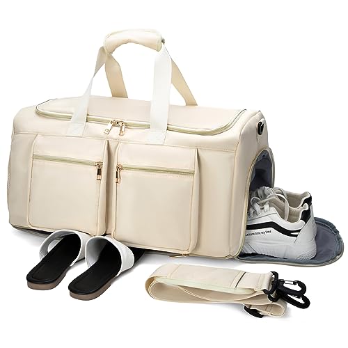 Gym Duffle Bag, Travel Duffel Bag with Shoe Pouch Weekender Bag with Wet Pocket Carry On Duffle Bag Overnight Bags Large Gym Bag for Women-Beige