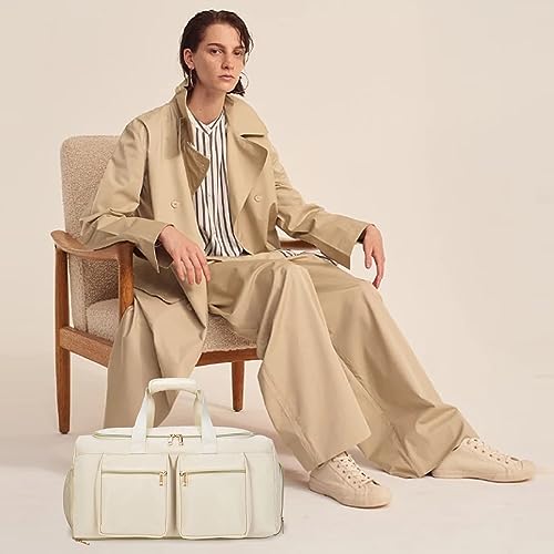 Gym Duffle Bag, Travel Duffel Bag with Shoe Pouch Weekender Bag with Wet Pocket Carry On Duffle Bag Overnight Bags Large Gym Bag for Women-Beige