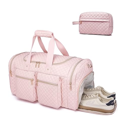 Travel Duffle Bag with Toiletry Bag,Weekender Bag Carry on Overnight Bag for Women with Shoe Compartment Gym Bag Sport Bag Hospital Bags for Labor and Delivery - Pink