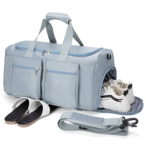 Gym Bag, Weekender Bag for Men Women Travel Duffel Bag with Wet Pocket Large Overnight Bag with Shoe Compartment Carry On Travel Bag Gym Duffle Bag Sports Bag-Blue