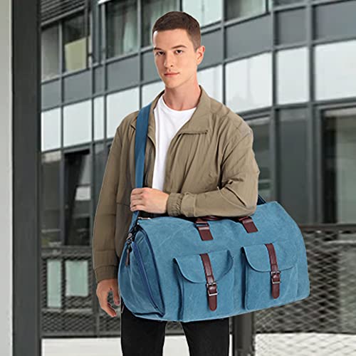 Carry On Garment Bag, Mens Garment Bag for Travel Business, Large Canvas Duffel Bag with Shoe Compartment -Blue