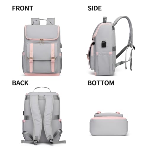seyfocnia Backpack with Laptop Compartment, Work Backpack for Women 17 inch Laptop Backpack for Women Computer Backpacks With USB Charging Port College Nursing Bag Anti Theft Backpack,Grey Pink