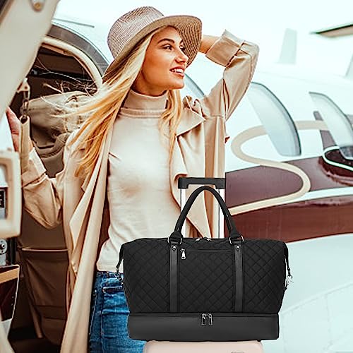 Travel Duffle Bag with Shoe Compartment, Weekender Bag Carry on Overnight Bag for Women Gym Bag Sport Bag Hospital Bags for Labor and Delivery - Black