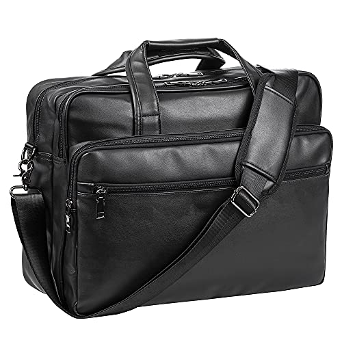 Seyfocnia Leather Laptop Bag,Men's 17.3 Inches Messenger Briefcase Business Computer Satchel Handbag Shoulder Bag Fits 17.3 Inch Laptop Case Computer Tablet (Black)