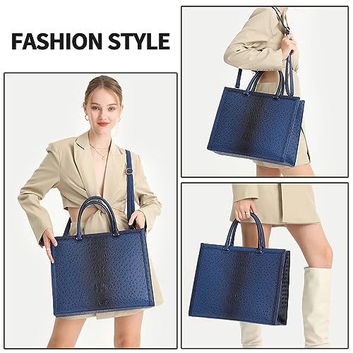 Chic Laptop Tote Bag for Women, Pu leather Work Tote Bags Large Computer Bag Laptop Purse Shoulder Handbags Briefcase Top Handle Satchel -Blue