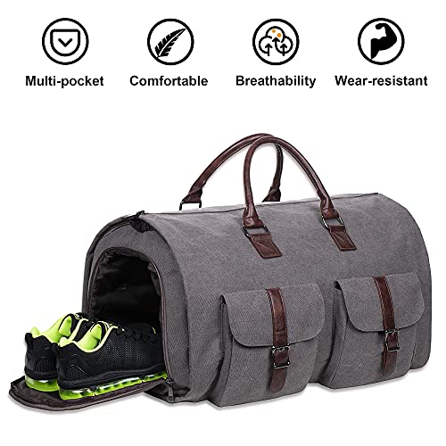 Seyfocnia Carry On Garment Bag, Mens Garment Bag for Travel Business, Large Canvas Duffel Bag with Shoe Compartment -Grey